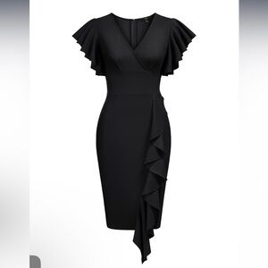 Knitee Women's DeepV Neck Ruffle Sleeves Cocktail Party Pencil Slit Formal Dress